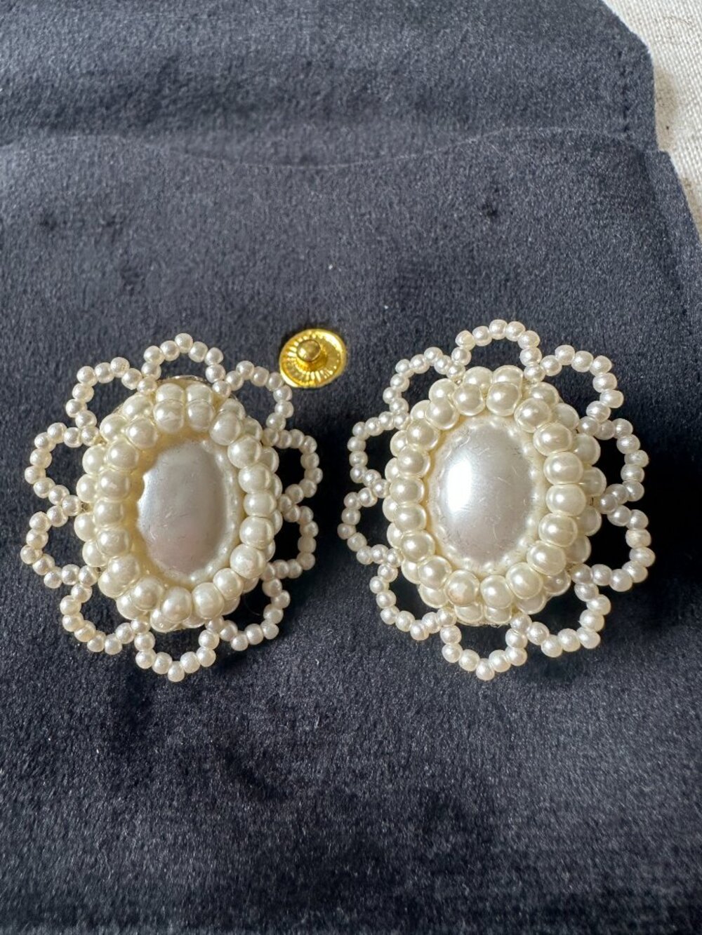 Shrimps Faux Pearl Cluster Clip-On Earrings Silver Tone Oval Scalloped Statement